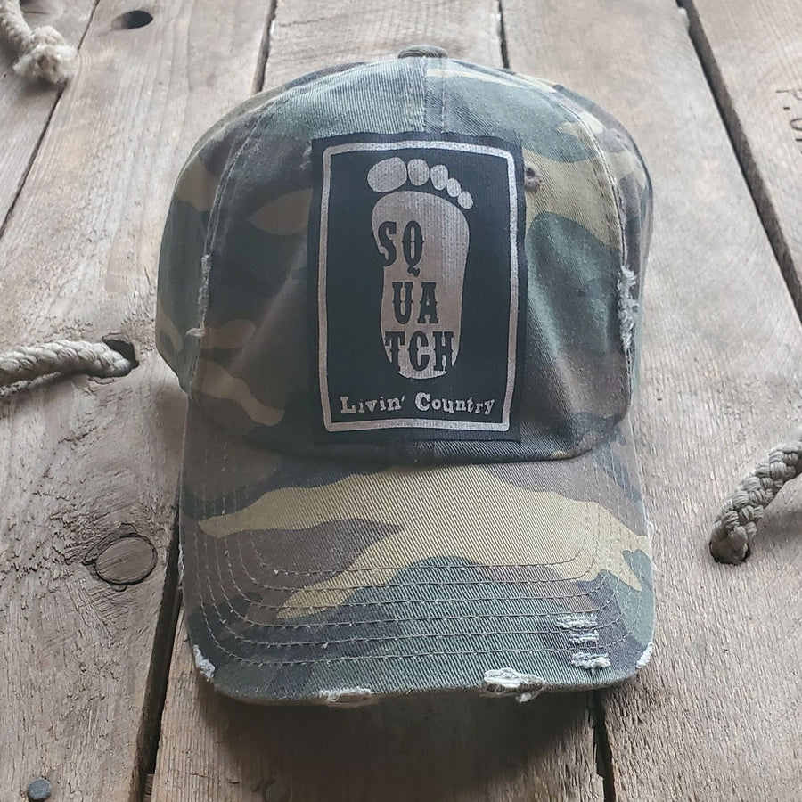 Livin' Country Squatch Green Camo Distressed Patch Hat