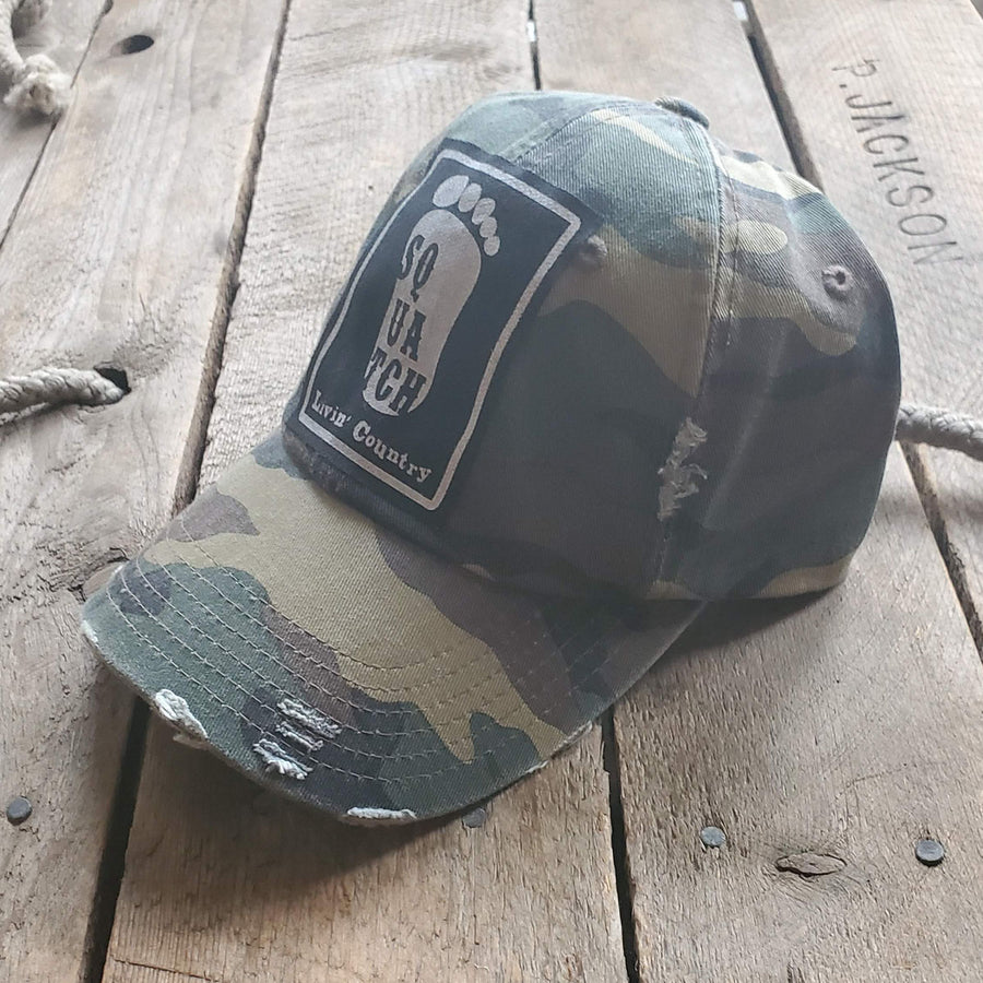 Livin' Country Squatch Green Camo Distressed Patch Hat